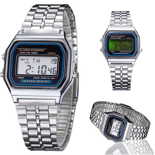 Watch Silver Classic Men Women Retro Stainless Steel LCD Digital Sports Stopwatch Wrist Watch Relogio Masculino