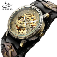 Load image into Gallery viewer, SHENHUA Retro Gothic Bronze Skeleton Automatic Mechanical Watch Men Steampunk Self Winding Clock Tourbillon Watch Reloj Hombre