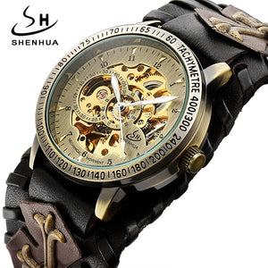 SHENHUA Retro Gothic Bronze Skeleton Automatic Mechanical Watch Men Steampunk Self Winding Clock Tourbillon Watch Reloj Hombre