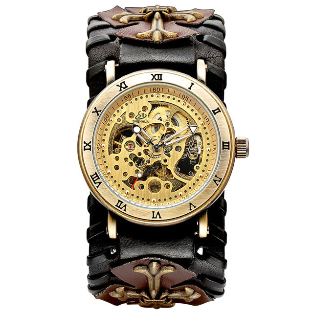 SHENHUA Retro Gothic Bronze Skeleton Automatic Mechanical Watch Men Steampunk Self Winding Clock Tourbillon Watch Reloj Hombre